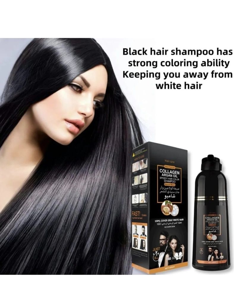 Champu Tinte Negro Dissar 400ml, Champú Tiñe Canas Cubre 100 % ,Champú Con Aceite De Argán, Colágeno Aloe Vera Tinte Instantáneo En 8 Min NOVEDA