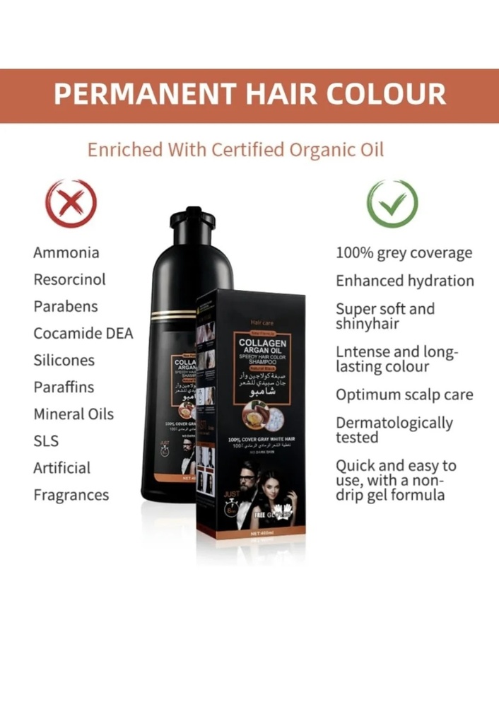 Champu Tinte Negro Dissar 400ml, Champú Tiñe Canas Cubre 100 % ,Champú Con Aceite De Argán, Colágeno Aloe Vera Tinte Instantáneo En 8 Min NOVEDA