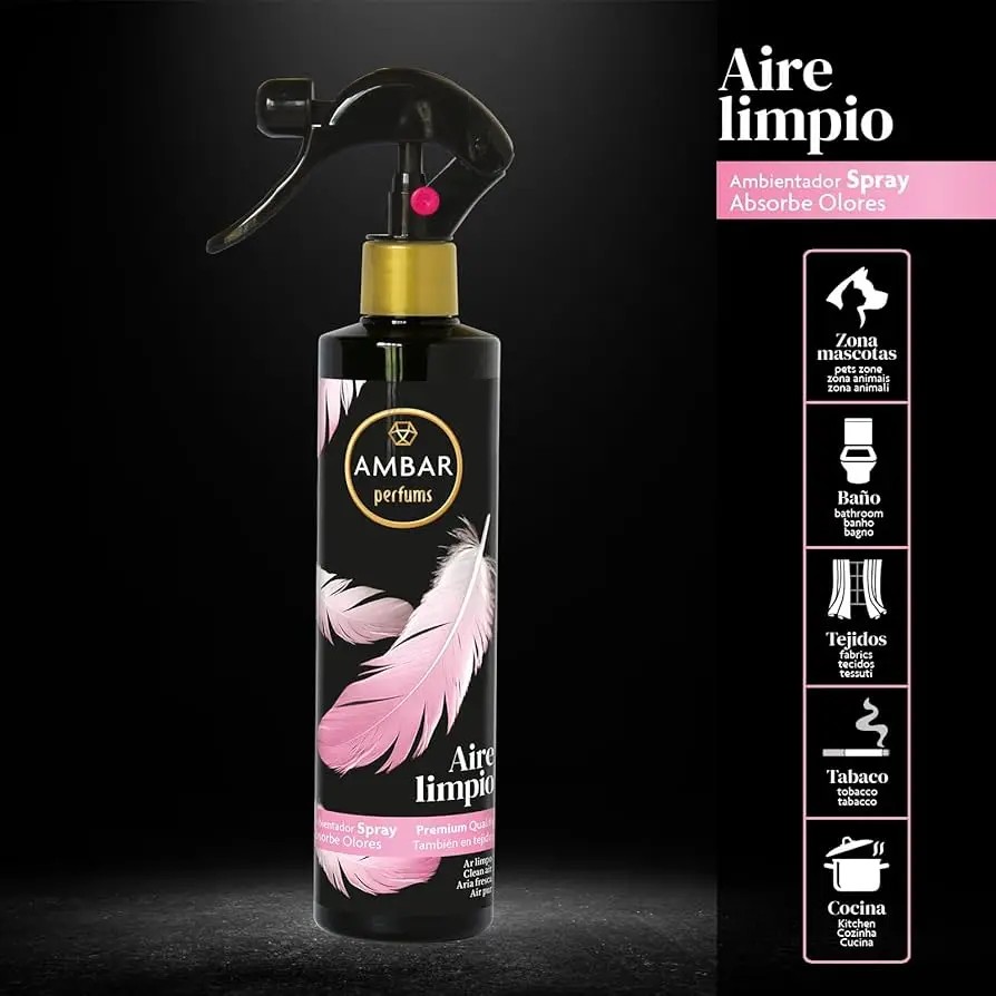 Ambar Perfums - Ambientador Spray Absorbe Olores Aire Limpio Especial Tejidos, ¡No Mancha! Pack De 4 Uds De 280 Ml